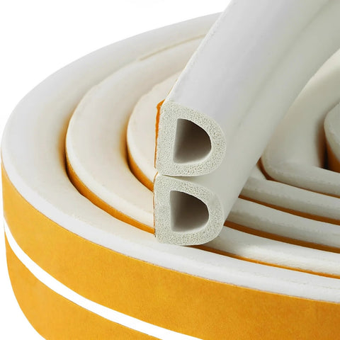 D-shaped white foam weather stripping tape for doors and windows, self-adhesive, 32.8 ft, rolled on yellow backing