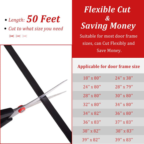 50 ft black D-shaped rubber weather stripping with self-adhesive backing for door frames, shown being cut to size with scissors