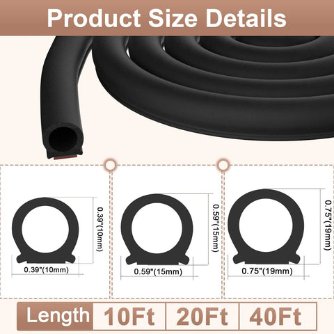 Alophoty black D-shaped rubber weather seal for cars; self-adhesive, 10/15/19mm cross-sections; 10/20/40ft lengths.