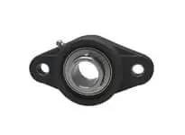 Front view of 1-1/4 in set screw 2-bolt flange bearing with stainless insert and black plastic housing, single unit.