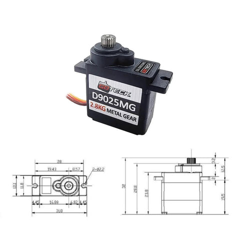 Front view of 2PCS D9025MG 9g Mini Servo, Micro Full Metal Gear Digital Servo with Metal Horn and technical diagram.