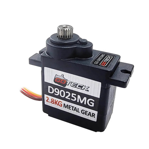Front view of GOTECK D9025MG 2PCS D9025MG 9g Mini Servo, Micro Full Metal Gear Digital Servo with metal horn for RC models.