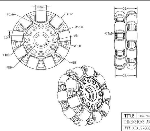 Technical diagram of DAAFGEREPV Double Omnidirectional Wheel, 4 Inch 100mm, Competition Wheel, 14041 with dimensions.