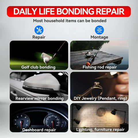 Image showing daily life bonding repair uses of Clear Two Part Epoxy Glue For Plastic Metal Wood Ceramic And More, including fishing rod repair.