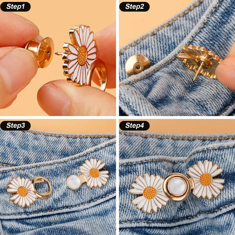 Daisy Flower Jeans Button Tightener For Loose Jeans Adjustable No Sew No Tools Pins Detachable And Reusable Instant Waist Fix Fits Most Jeans 4 Sets By TOOVREN step-by-step installation on denim