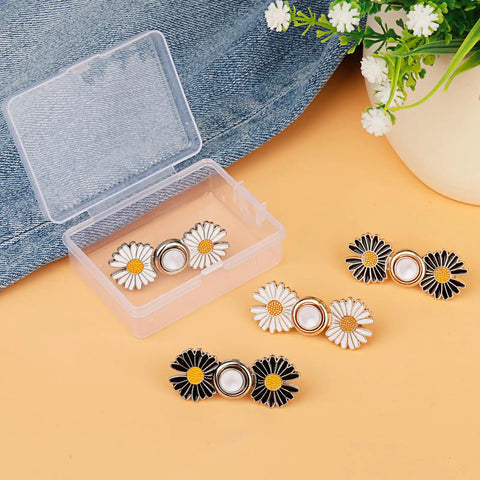Daisy Flower Jeans Button Tightener For Loose Jeans Adjustable No Sew No Tools Pins Detachable And Reusable Instant Waist Fix Fits Most Jeans 4 Sets By TOOVREN; white and black daisy buttons displayed on a surface.