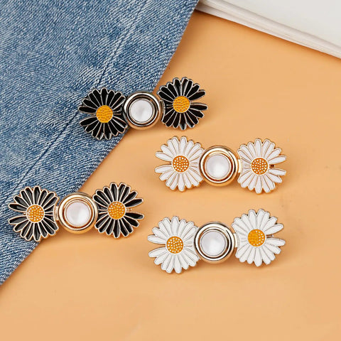Daisy Flower Jeans Button Tightener For Loose Jeans Adjustable No Sew No Tools Pins, close-up view of black and white daisy sets.