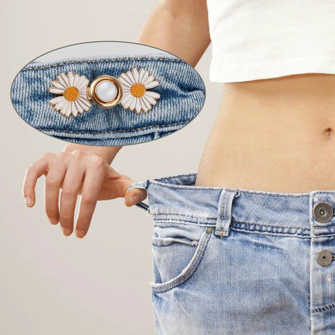 Person showing loose jeans with Daisy Flower Jeans Button Tightener For Loose Jeans Adjustable No Sew No Tools Pins attached.