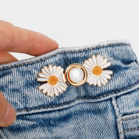 Daisy Flower Jeans Button Tightener For Loose Jeans Adjustable No Sew No Tools Pins Detachable And Reusable Instant Waist Fix Fits Most Jeans 4 Sets By TOOVREN installed on denim