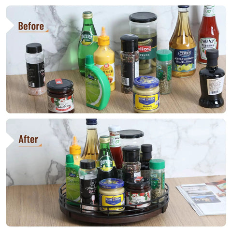 Before and after image showing spices on a 12 Inch Dark Mahogany Lazy Susan Turntable Organizer with Black Metal Frame For Tabletop.
