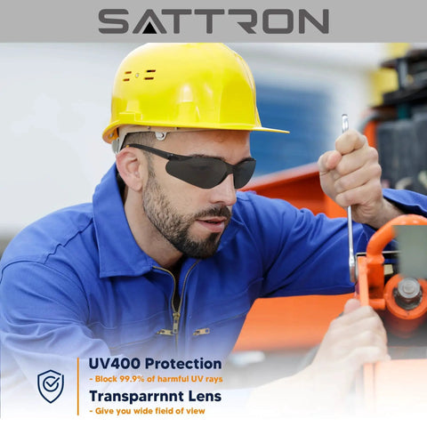 Worker wearing Dark Tinted Safety Glasses 24 Pack ANSI Z87 UV Eye Protection For Construction while operating machinery.