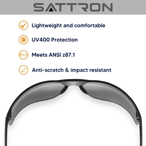 Front view of dark tinted safety glasses with ANSI Z87 UV400 protection for construction, showing lightweight and impact resistance features.