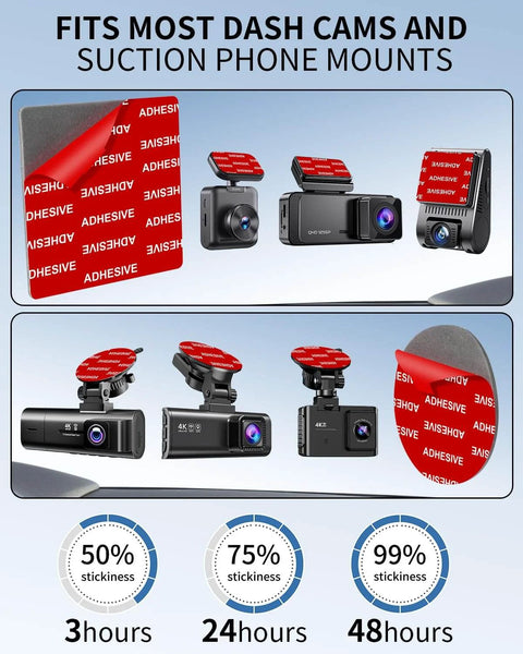 Image showing Six Pack Dash Cam Adhesive Pads Set For Mounting Heat Resistant Double Sided Tape on various devices.