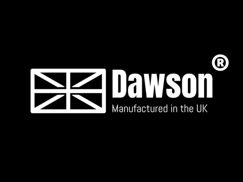 Logo with British flag design and "Dawson Manufactured in the UK" text on black background.