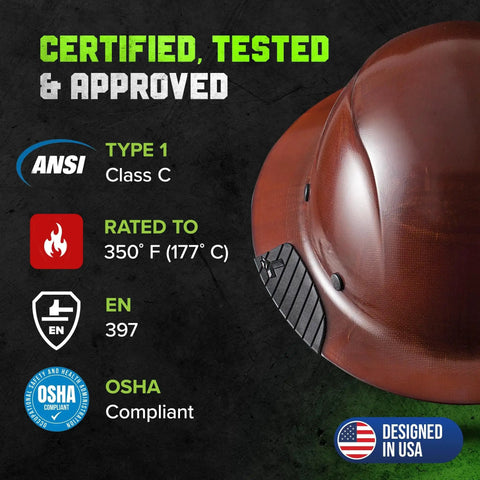 Dax Fiber Resin Full Brim Safety Helmet With 6 Point Suspension And Comfort Dome, shown with certifications and temperature rating.