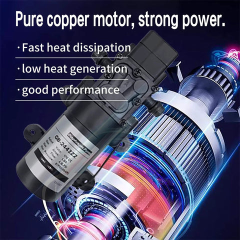 DC 12V Diaphragm Pump with pure copper motor, emphasizing power and performance, featuring fast heat dissipation, visible motor diagram.