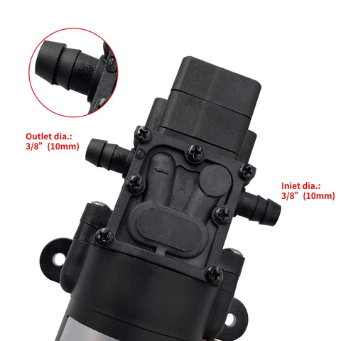 Close-up of DC 12V Diaphragm Pump, Self-Priming Sprayer Pump, 1.2 GPM 87 PSI Pressure Switch Adjustable, 3/8" outlets visible