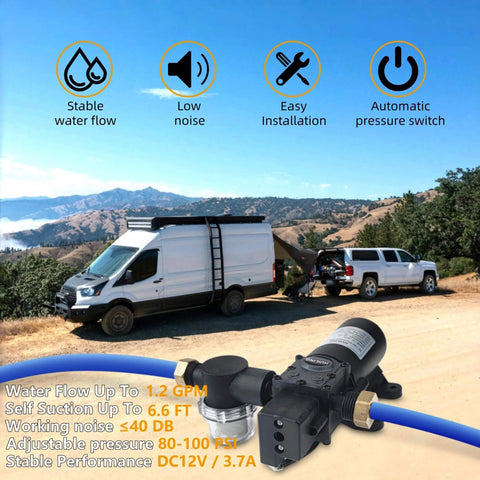 HUILING DC 12V Diaphragm Pump, Self-Priming Pump with Filter Quick Connection Terminal, 1.2 GPM 100 PSI Pressure Switch for RV camping