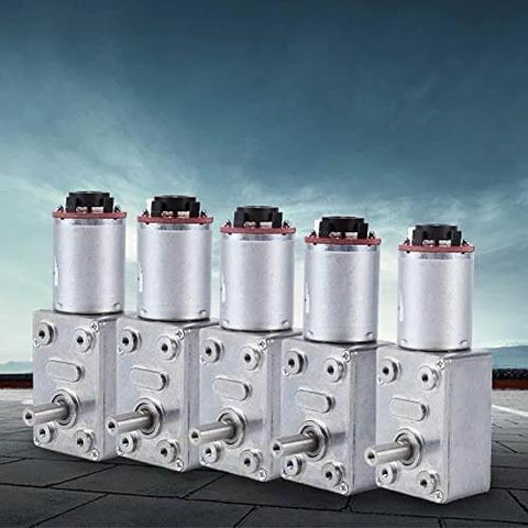 Front view of five DC 12V gear reduction motors with encoder, high geared, worm design, and strong self-locking feature, 40 RPM.