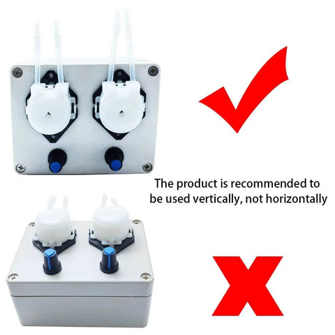 DC 12V Adjustable Peristaltic Liquid Dosing Pump, Dosing Head, 8-70 ml/min with Adapter shown with vertical installation guidance