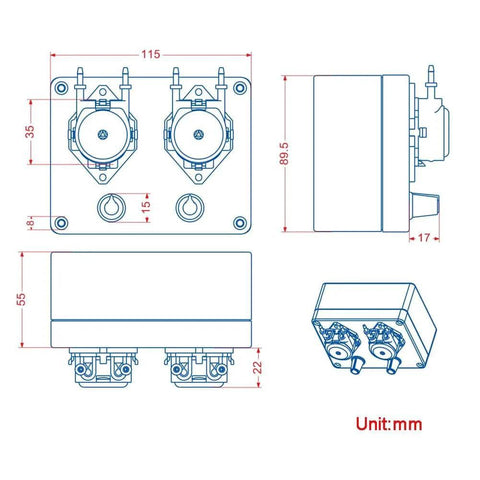 Technical diagram of DC 12V Adjustable Peristaltic Liquid Dosing Pump, Dosing Head, 8-70 ml/min with Adapter for Aquarium Lab EK1971.