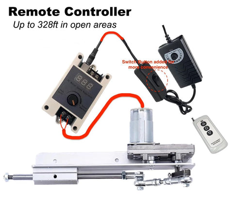 DC24V gray reciprocating linear actuator with remote and end connector; 20–80mm stroke, 120RPM, 6–40lb.