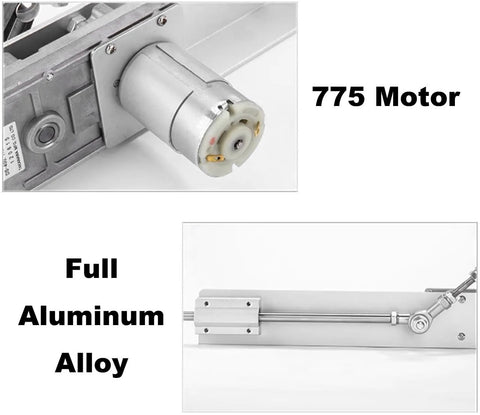DC24V reciprocating linear actuator with 775 motor; full aluminum alloy housing; side view with rod end joint.