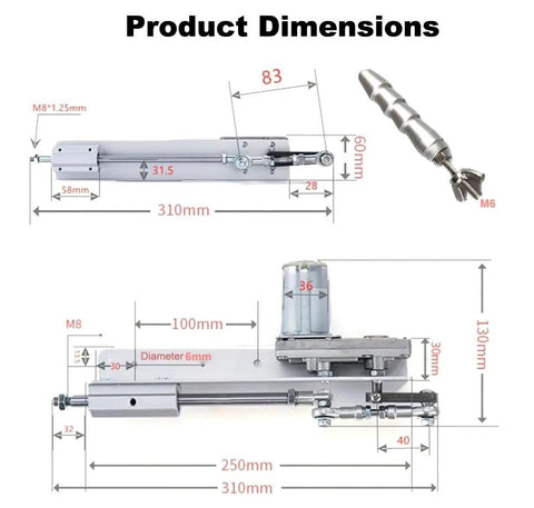 DC24V reciprocating linear actuator with remote control and end connector; stroke 0.78–3.15 in, 120 RPM, 6–40 lb