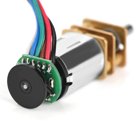 Close-up of DC 6V 2W Micro Speed Reduction Motor Mini Motor with Magnetic Coded Disc Hall Encoder (70RPM), showing wiring and metal gear.