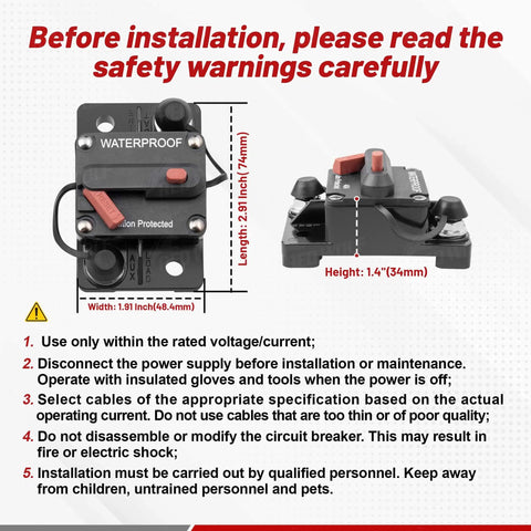 Front and side view of 50 Amp DC Circuit Breaker For Boats And Off Road Gear With Waterproof Housing Inline Fuse With Manual Reset