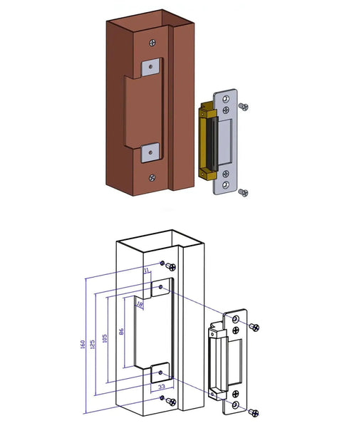 Diagram of Heavy Duty 12V DC Electric Door Strike Lock With Fail Safe And Fail Secure Modes, showing dimensions and components, 2 Pack.