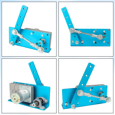 CNCTOPBAOS 12V DC rocker actuator with blue metal mounting plate and adjustable lever arms, front view
CNCTOPBAOS blue rocker actuator side view showing linkage and mounting bolts
CNCTOPBAOS blue base with mounted DC motor and gearbox, connector side detail
CNCTOPBAOS blue lever arm installed on base, angled rear view with pivot joints
