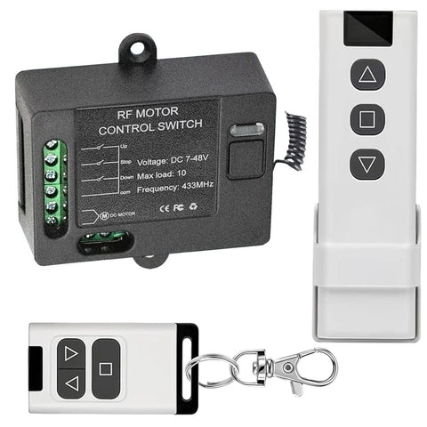 RF motor control switch kit with black DC 7–48V 10A control box, white remote, and key fob