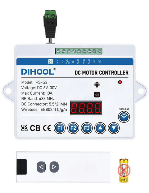DIHOOL DC motor controller module with green terminal block, blue label, LED display; remote and battery