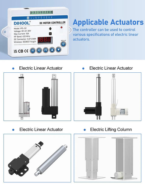 DIHOOL DC motor controller for lawn and patio; white enclosure with display, four actuators and a lifting column.