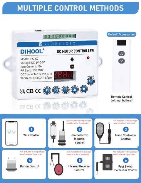 DIHOOL DC motor controller for lawn and patio with remote control; white unit with blue label and LED display