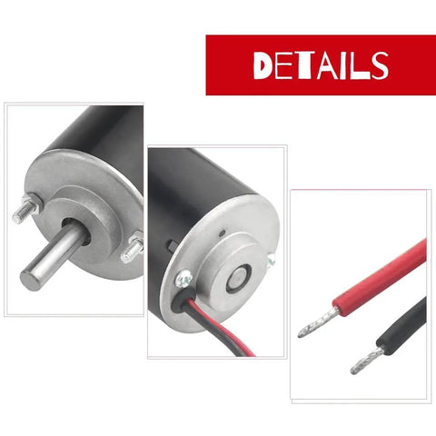 Close-up of DC Motor 12/24V 30W High Speed CW/CCW Permanent Magnet Motor with wiring details and metal shaft end.