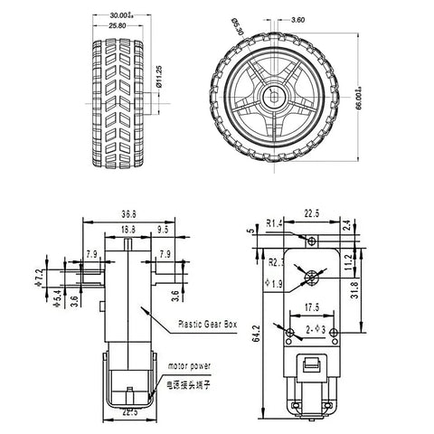 Technical diagram of Two Sets DC Gearbox TT Motors With 200 RPM Output At 3 To 6 V And 1 To 48 Gear Reduction, includes wheel measurements