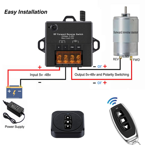 SRDKG 12V forward/reverse switch module in black plastic with 4-terminal block, shown with DC motor and wireless remote