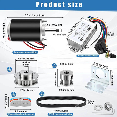 Diagram showing sizes of 4 Pack High Torque Dc Motor, 3500-7000 RPM, 12 V/24 V Permanent Magnet, Gt2 Synchronous Wheel, and accessories.