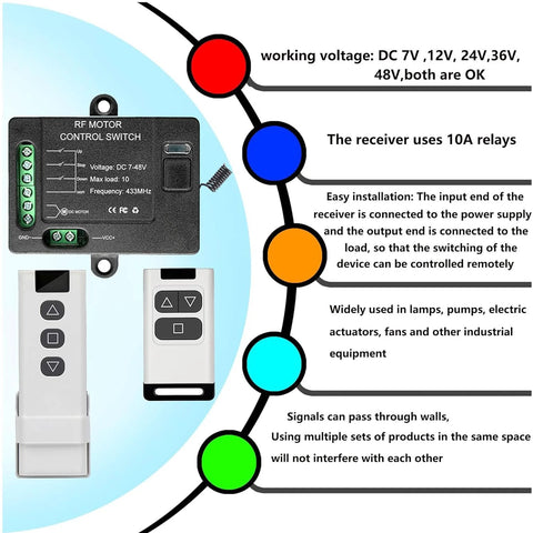 Forward Reverse Remote Switch; black control module with 4-terminal block and two remotes for 12V DC motors