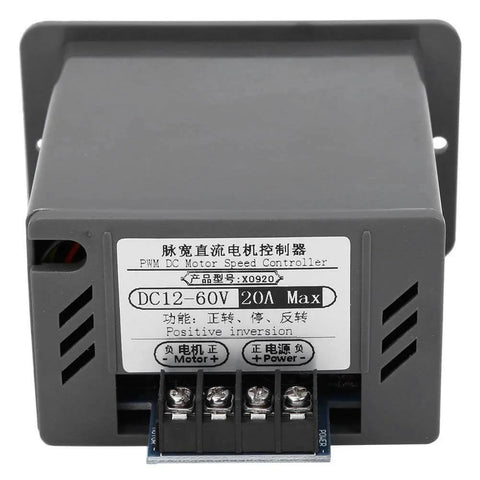 Front view of DC12V-60V/20A Motor Speed Controller for brushed motors, showing speed control inputs and label details.