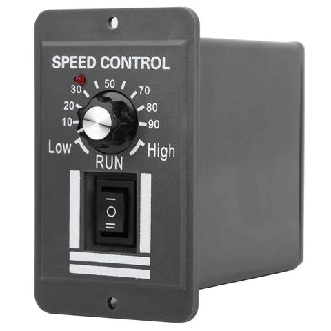 DC12V-60V/20A Motor Speed Controller with knob and switch, suitable for brushed motors, grey casing, forward/reverse function visible.