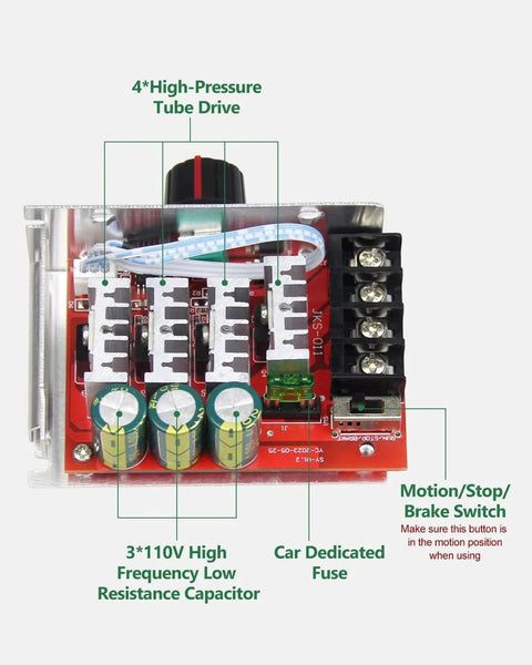 DC Motor Speed Controller with 30A Fuse, 7-70V Wide Voltage Range Switch Control 30A Fuse, components labeled