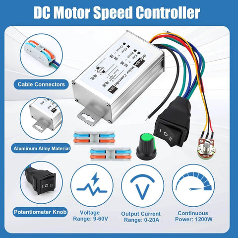 4 Pack High Torque Dc Motor, 3500-7000 RPM, 12 V/24 V Permanent Magnet, Gt2 Synchronous Wheel 8mm Bore Aluminum Timing Pulley with Belt, Dc Motor Speed Controller box, connectors, and knob layout displayed