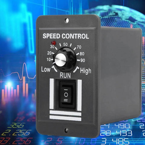 Front view of DC12V-60V/20A Motor Speed Controller with knob and switch for DC brushed motors.