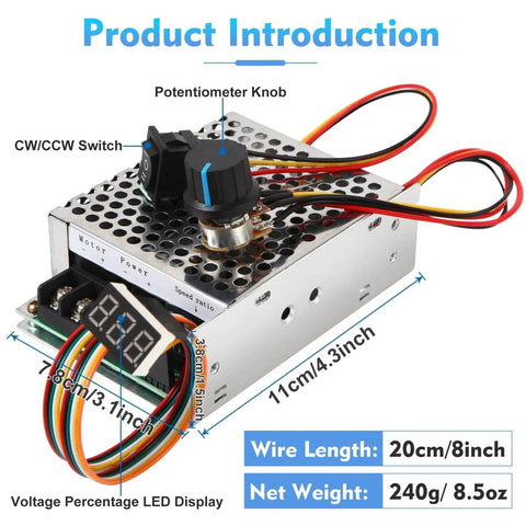 DC Motor Speed Controller, DC 10-55V / Rated 40A, LED Display Stepless DC Motor Speed Controller with aluminum casing
