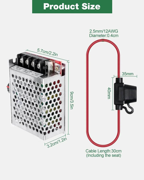DC Motor Speed Controller with 30A Fuse, 7-70V Wide Voltage Range Switch Control 30A Fuse shown with dimensions and wiring.