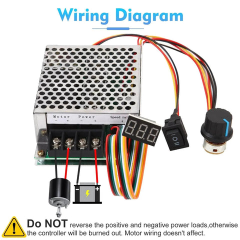 DC Motor Speed Controller, DC 10-55V / Rated 40A, LED Display Stepless DC Motor Speed Controller with Adjustable Potentiometer and Forward-Brake-Reverse Switch, wiring diagram shown