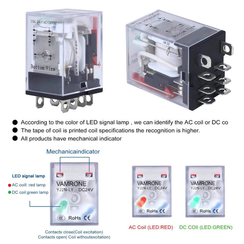 Beefy 24V DC DPDT Electromagnetic Relay Kit With 8-Pin Socket Base, 10 Amp Coil With LED Indicator, shown from side view
